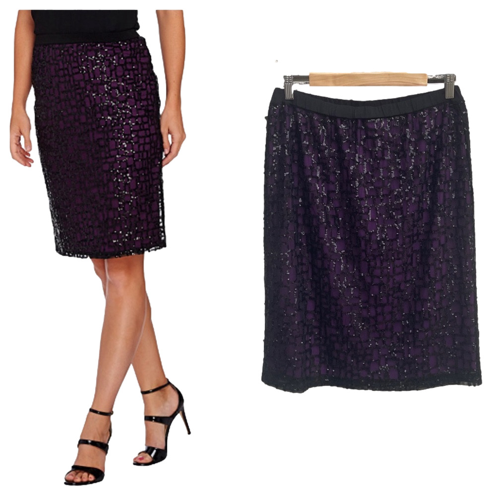 NWT Bob Mackie Women's Black & Purple Sequin Pull on Midi Skirt Size Small